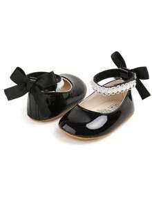 Newborn Infant Girls' Mary Jane Flats With Bow, Non-Slip Soft Bottom PU Leather Infant Prewalker Shoes With Pearl Ribbon - Black - View 8