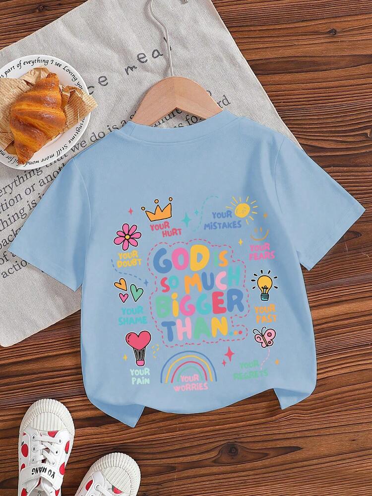 Young Girl "Worries Less Than God" Graphic T-Shirt, Fashionable Casual Versatile Top, Suitable For Girls' Daily Casual Wear - Baby Blue - View 6