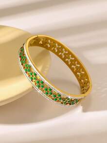 1 pieza Brazalete de acero inoxidable con diseño de flor de estilo bohemio lujoso y elegante, adecuado para combinar con atuendos, también es un gran regalo para amigos, familiares y madres - Dorado - Ver 3
