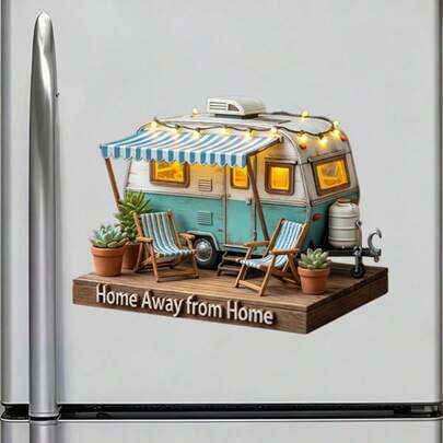Wooden Base Retro Camper Van Ice Cream Color Tone Mini Trailer Model With Striped Awning And LED Lights, Cozy Window Glow Creating A Comfortable Camping Scene - A "Home Away From Home"