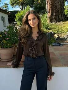 2026春夏新款优雅花卉V领法式开衫衬衫，宽松飘逸长袖女式衬衫 - 咖啡棕 - 查看 2