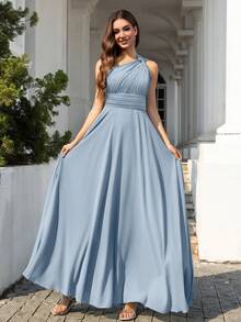 Volly Toych Elegant Sleeveless Chiffon Maxi Bridesmaid Dress With Asymmetric V-Neck And Ruched Detail, Suitable For Wedding Guests - Dusty Blue - View 1