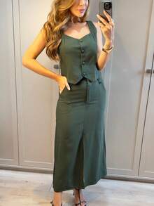 Elegant Women's Tailored Skirt And Vest Set - Army Green - View 13