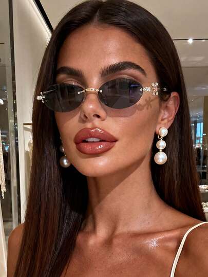 1 Pair Oval Frameless Rhinestone Embellished Black Sunglasses For Women And Men, Suitable For Party, Travel, Music Festival, Sports, Driving, Holiday Outfits, Beach, Outing, Summer Accessories, Vacation, Family Outing, Elegant Attire, Streetwear, Sports, Outdoor Activities, Fishing, Holiday