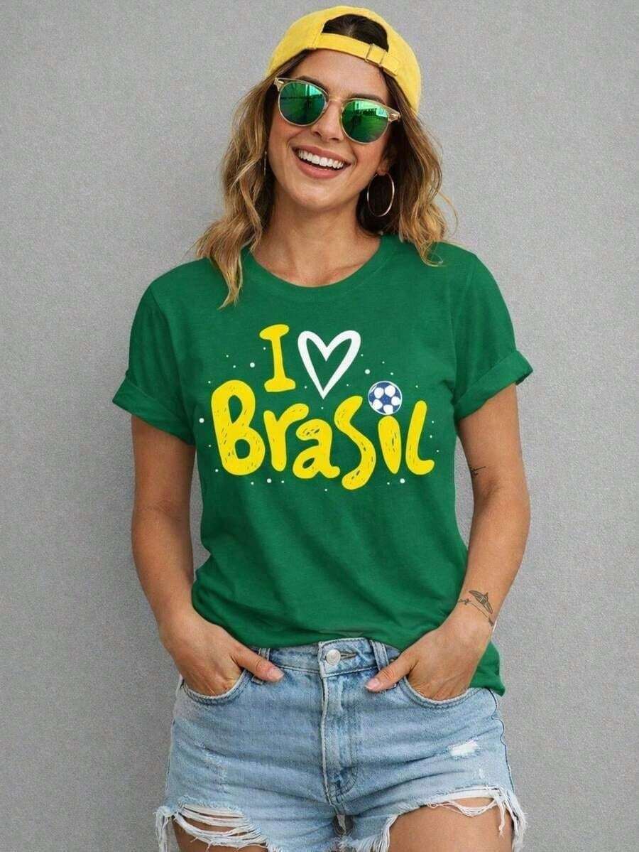 Women's T-Shirt/Blouse World Cup Brazil I LOVE BRAZIL Brazilian National Team 100% Cotton Unisex Soccer Printed - 綠色 - 查看 1