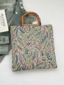 Countryside Style Linen Tote Bag, Bamboo Handle Large Capacity Tote Bag, New Spring/Summer Retro Jacquard Bamboo Handle Linen Texture Commuter Bag - Multicolor - View 1