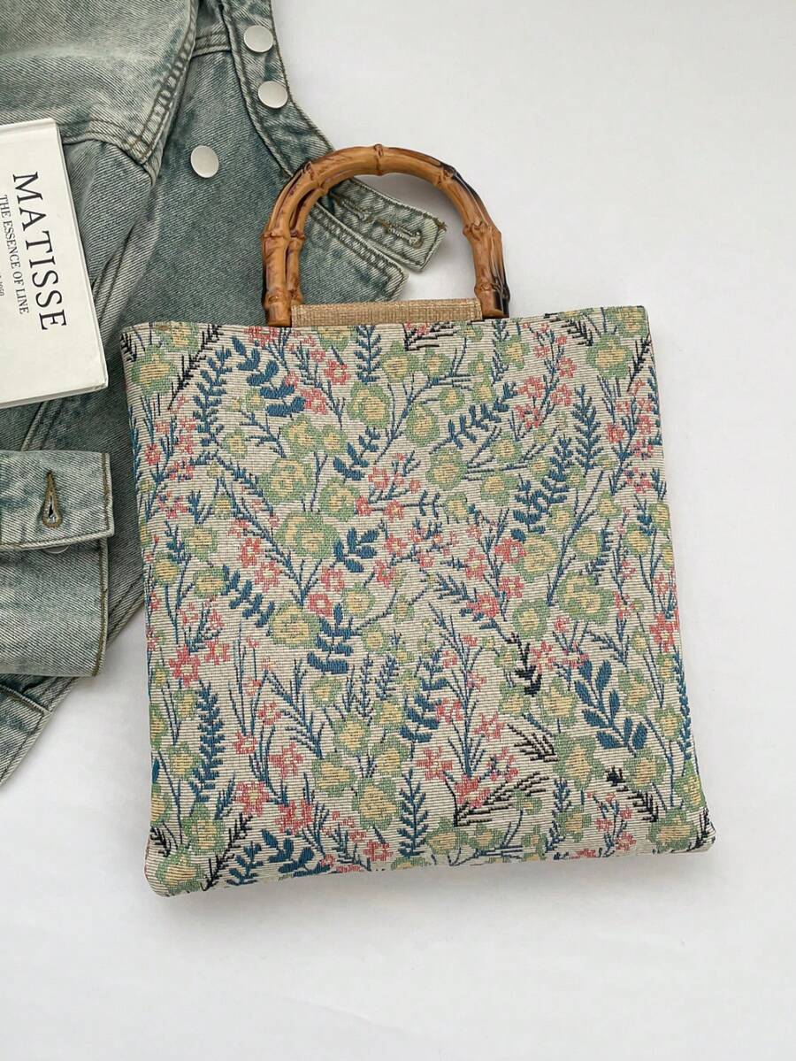 Countryside Style Linen Tote Bag, Bamboo Handle Large Capacity Tote Bag, New Spring/Summer Retro Jacquard Bamboo Handle Linen Texture Commuter Bag - Multicolor - View 1