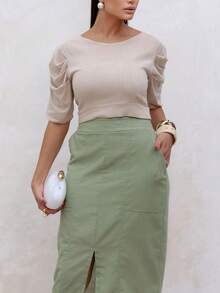 Linen Midi Skirt With Stylish Slit And Flexible Waistband - 鼠尾草綠 - 查看 4