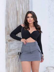 Women's Cargo Skirt Shorts In Roma Knit Fabric – Functional Pockets, High Waist, Casual And Modern - 灰色 - 查看 4