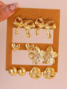 Trending Cross-Border Exaggerated Earrings, Women's Personalized Creative Bow & Heart Shaped Earring Set, Minimalist Elegant Earrings - Gold - View 5