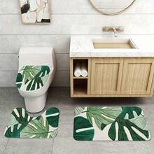 A Set Of Bathroom Short Plush Mats Featuring A Tropical Green Leaf Pattern, Including A Toilet Seat Cover, A U-Shaped Toilet Mat, Made Of Soft Flannel Material, Designed To Be Non-Slip - Nhiều màu - Xem 6