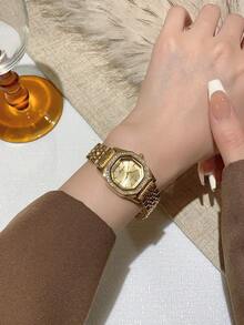 1件新款女士简约休闲优雅欧式中东风格手镯手表，复古金色 - 金色 - 查看 3