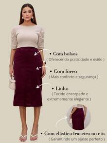Linen Midi Skirt With Stylish Slit And Flexible Waistband - 如圖 - 查看 6