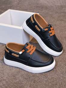 1 Pair Unisex New PU Upper Low-Top Sneakers, Soft Sole Non-Slip Children's Skate Shoes, Fashion Versatile Student Running Shoes, Suitable For All Seasons - Black - View 4