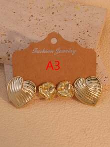 2-6 Pairs Gold Tone Earring Set, Instantly Elevate The Ambiance! Heart & Flower Designs, Sweet & Chic, Suitable For Daily Commute Or Dates - Gold - View 9