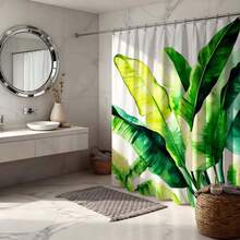 Tenda da doccia in stile acquerello con foglie di banana, foglie di palma tropicali verdi su sfondo bianco, tenda da doccia impermeabile in poliestere con ganci, decorazione da bagno bohémien tropicale per la casa, accessorio da bagno in stile vacanza estiva - Verde smeraldo - Visualizzare 7