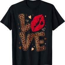 Vain Leopard Print Love Red Lips Word Letter Girl Wo T-shirt - Negro - Ver 1