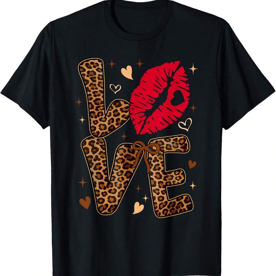 Vain Leopard Print Love Red Lips Word Letter Girl Wo T-shirt - Negro - Ver 1