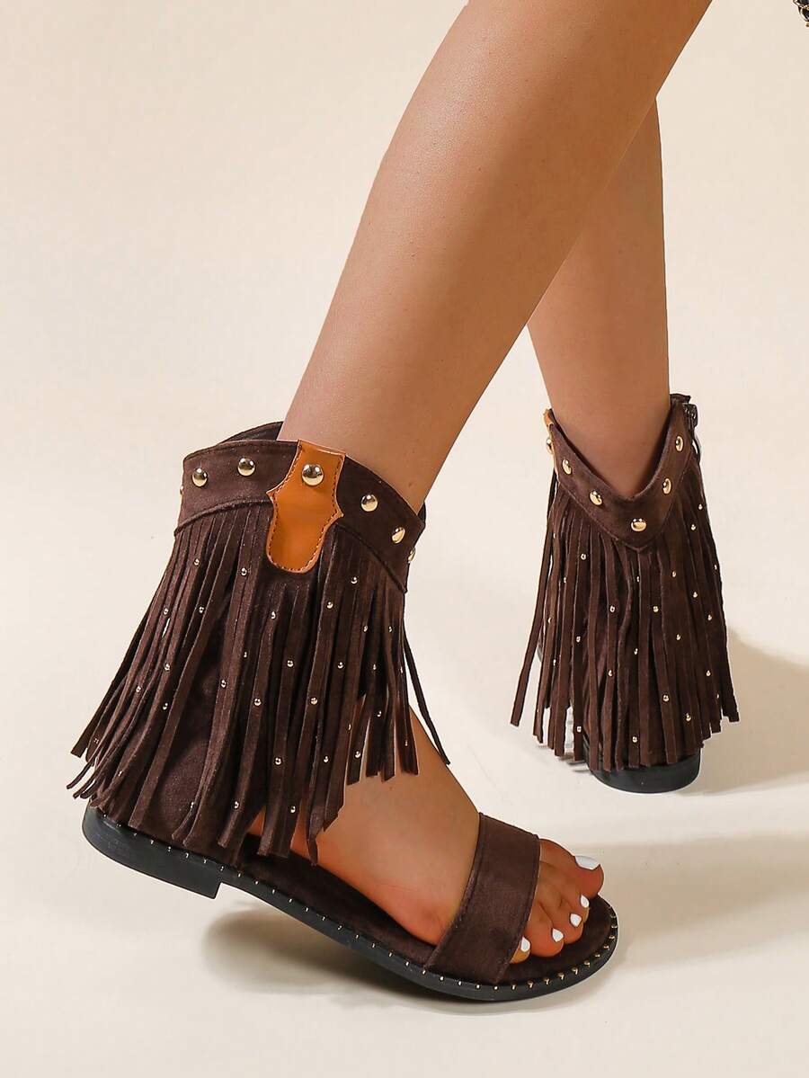 Giày sandal đế bằng kiểu miền Tây màu nâu có tua rua, giày chiến binh cổ điển trang trí tua rua, sandal buộc cổ chân đính đinh tán cho kỳ nghỉ hè. - màu nâu - Xem 1