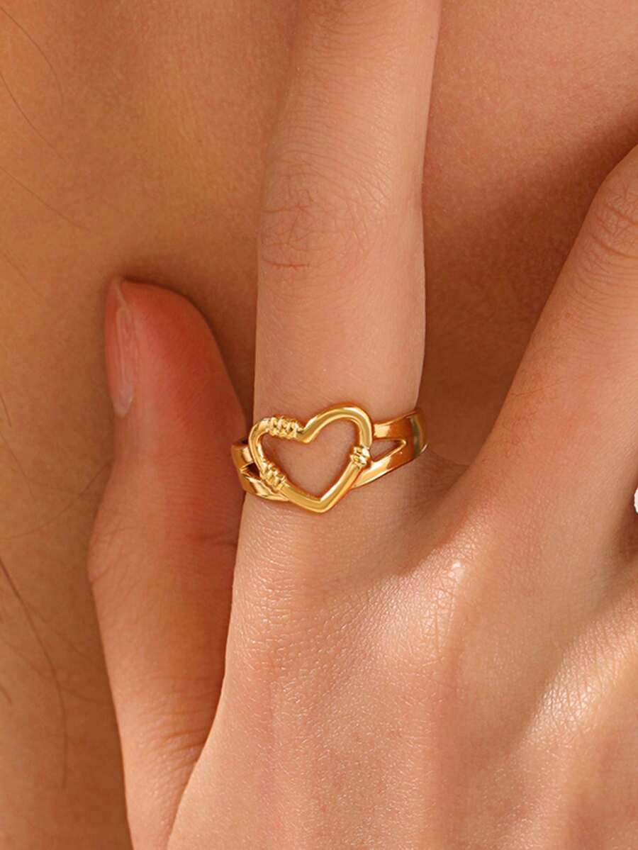 1 pieza Anillo abierto con forma de corazón chapado en oro de 18K de acero inoxidable, adecuado para uso diario de mujeres, citas, vacaciones, regalo - Dorado - Ver 1