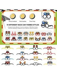 16pcs Racing Car Party Supplies - Racing Car Paper Glasses Frames, Car Trunk Themed Glasses, Birthday Shower Decorations - Multicolor - View 3