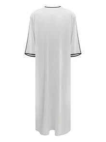 Men's Embroidered Robe Thobe, Men's Solid Color Pullover Gandoura Thawb, Traditional Arabic Men Gandoura Thobe Robe With Pockets - White - View 3