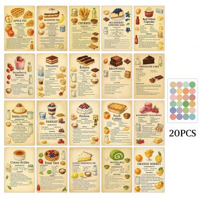 Bộ 20 tấm thiệp trang trí tường theo chủ đề công thức làm bánh, hướng dẫn và minh họa cách làm bánh Banoffee Pie, Cupcake, Matcha Roll, v.v., bưu thiệp bánh kiểu retro dùng để trang trí nhà hàng cổ điển, làm sổ lưu niệm, nhật ký, quà tặng, quà lưu niệm tiệc tùng, kích thước 4*6 inch.