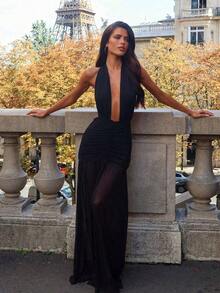 Women's Sexy Deep V-Neck Mesh Patchwork Backless Halter Tie Strap Beach Cocktail Music Festival Dress - Black - View 2