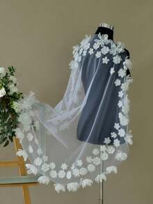 1pc Handmade Romantic Bridal Veil With Floral Applique, No Comb, Wedding Party Valentine's Day Veil - Multicolor - View 11
