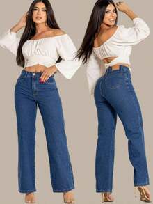 Women's Wide-Leg Jeans, Medium Blue, 100% Cotton. - 中藍色 - 查看 5