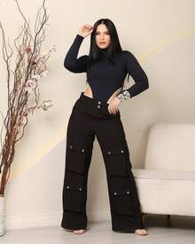Women's Wide Leg Cargo Pants, High Waist, Tailored, Marrant Style, Palazzo Pants With 4 Utility Pockets, Premium Streetwear - 黑色 - 查看 4