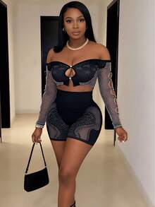 2026 Women's High-End Long-Sleeve Top And High-Waist Hollow-Out Fashion Shorts Set For Outerwear - 黑色 - 查看 2