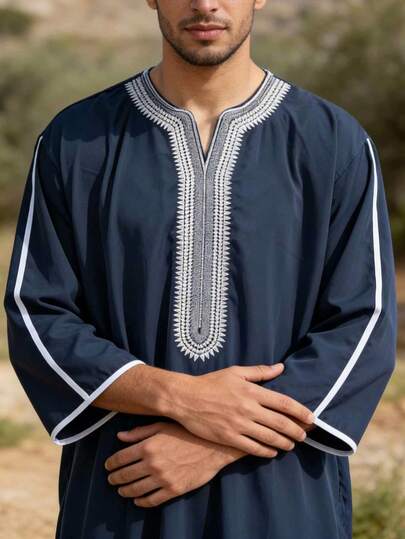 Men's Embroidered Robe For Eid, Moroccan Thobe, Solid Color Thawb, Men's Pullover Gandoura, Traditional Arabic Men's Gandoura Thobe Robe