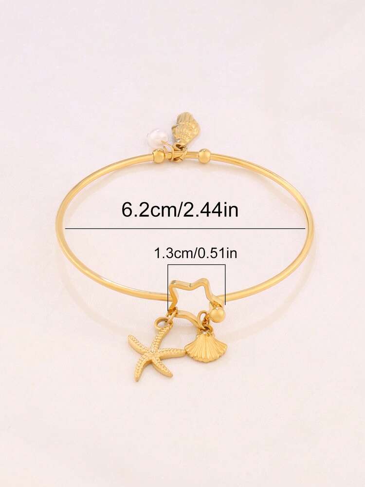 1pc Stainless Steel Shell Starfish Conch Pendant Bangles Fashion Open Bangle Pearl Ocean Charms Bangle Bracelet Jewelry - Bracelet - View 5