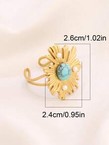 1 pieza Anillo abierto de acero inoxidable con perla de turquesa para mujer, joyería elegante de estilo francés retro con diseño redondo, a prueba de agua como regalo - anillo - Ver 4