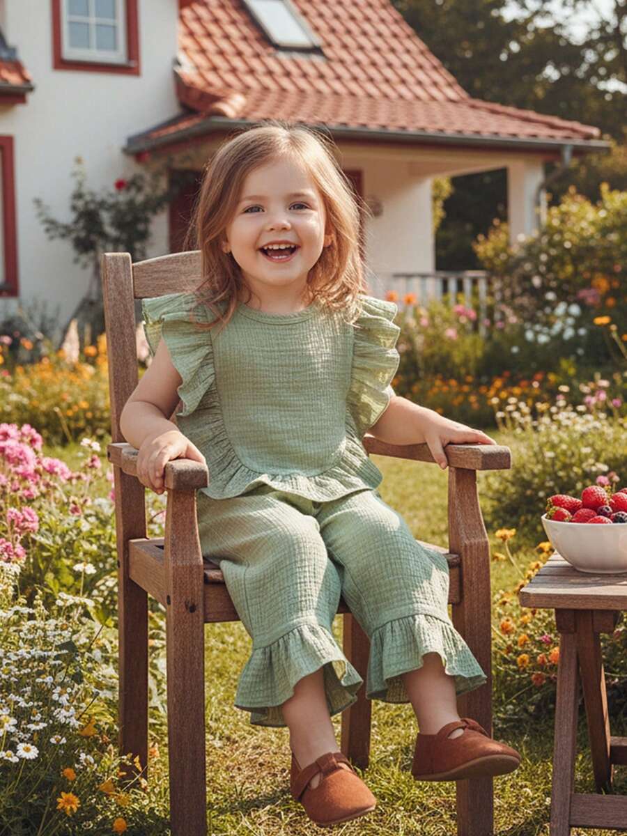 Little Girls 2 Piece Outfits Adorable Solid Color Sleeveless Crew Neck Ruffle Tops And Elastic Waist Pants Set - Green - View 1