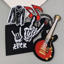 6片朋克摇滚刺绣熨烫贴片，复古音乐主题元素，适用于服装、帽子、鞋子、行李箱、T恤、夹克等，包含摇滚手势、吉他、夹克、音乐符号等图案。 - C - 查看 6