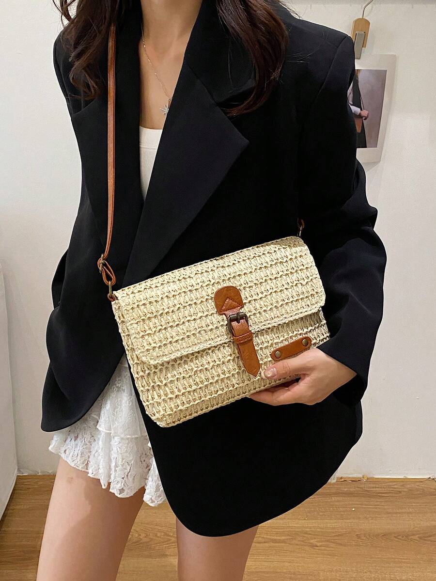 New Fashion Straw Bag, Shoulder Crossbody Bag, Versatile Stylish Straw Saddle Bag For Women