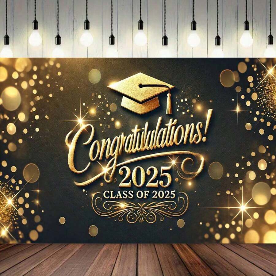 2D Flat, 1 Piece Graduation Congratulation  Elegant Gold & Graduation Design, With Shiny Confetti & 2025 Numbers  Polyester Party Decoration, Suitable 2025 Graduates, Four Seasons Indoor/Outdoor Wall Decoration, Suitable Home, Office - 多色 - 查看 1