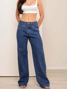 Calça wide leg jeans feminina de estrelas,escura,lisa,cintura alta. - Lavagem escura - Visão 1