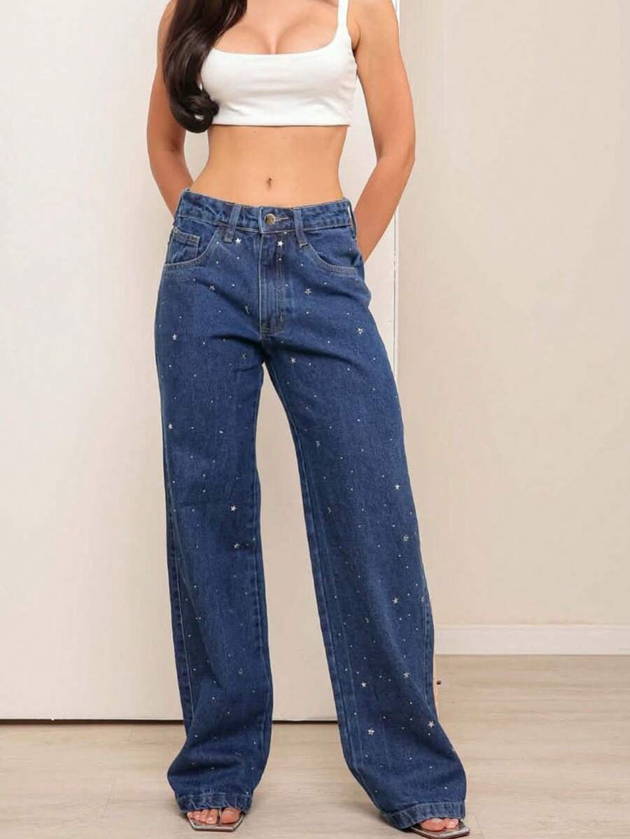 Calça wide leg jeans feminina de estrelas,escura,lisa,cintura alta. - Lavagem escura - Visão 1