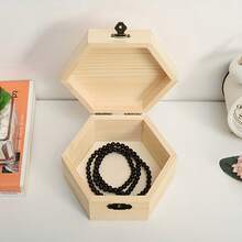 1pc Hexagonal Wooden Storage Box, Wooden Jewelry Box, Desktop Organizer, Ring & Necklace Storage, Portable Jewelry Box - Yellow - View 2