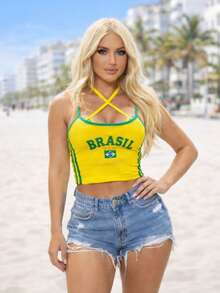 Cropped Virginia Top, Strappy, Brazil Style, Ribbed, Copa 2026 - Amarillo - Ver 2