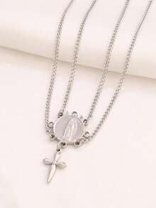 1pc Stainless Steel Virgin Mary Pendant Necklace Fashion Design Gold Cross Charms Double Layer Chain Necklaces For Women Jewelry - Necklace - View 7
