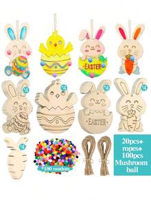 10/20件套混合木制兔子装饰品，包含木板、麻绳、100个绒球、2张彩色钻石贴纸、12支彩色笔，可用于DIY手工制作，适合所有季节，可用于生日、礼品标签、节日派对、复活节装饰等场合。 - 鏤空彩蛋 - 查看 11