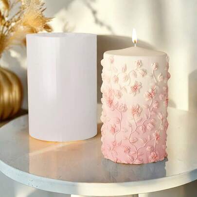 1pc 3D Embossed Floral Pattern Cylinder Candle Silicone Mold