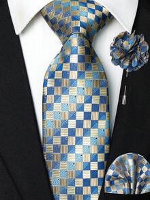 1/2/3/4/5 Pcs Men's Blue Plaid Necktie, Pocket Square, Silver Tie Clip, Cufflinks And Lapel Pin Combination Set, For Workplace, Business, Meetings, Weddings - Baby Blue - View 13