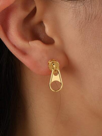 1 Pair Minimalist Zipper Design Brass Earrings, Casual Daily Wear For Women & Girls