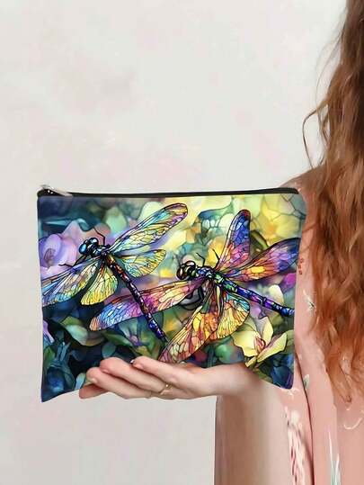 Stained Glass Colorful Dragonfly Print Cosmetic Bag - Creative Gift For Women, Travel Pouch