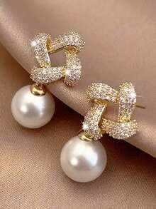 1 Par de Brincos Elegantes com Zircônia Cúbica e Pérola Sintética para Mulheres - Ideal para Casamento, Noivado, Aniversário, Festas e como Presente de Dia dos Namorados - 1# - Ver 1